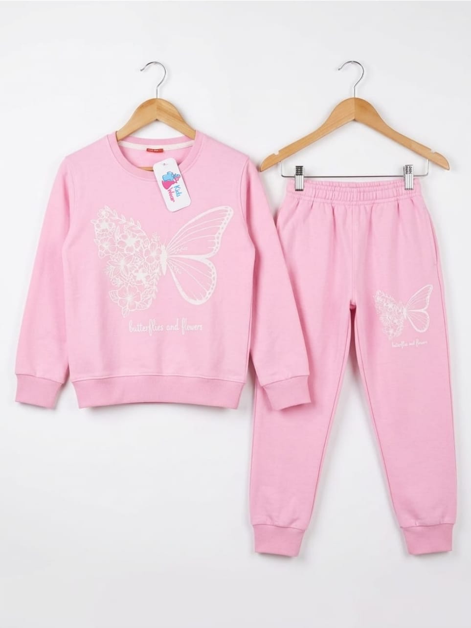 Girls Fleece Tracksuit – Butterflies & Flowers – Light Pink