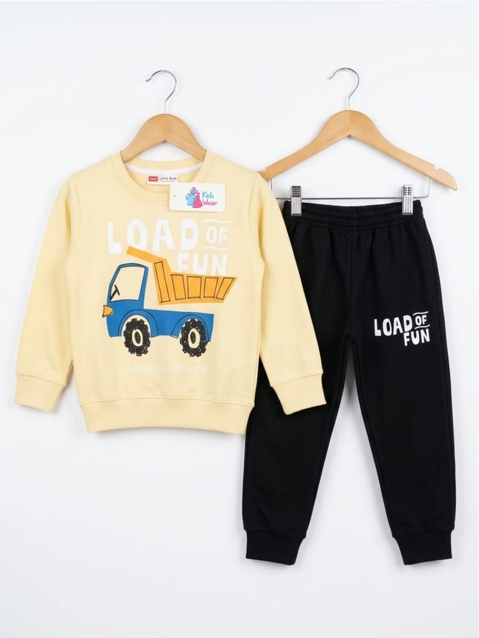 Kids Boys Fleece Printed Tracksuit – Load of Fun – Pale Yellow & Black